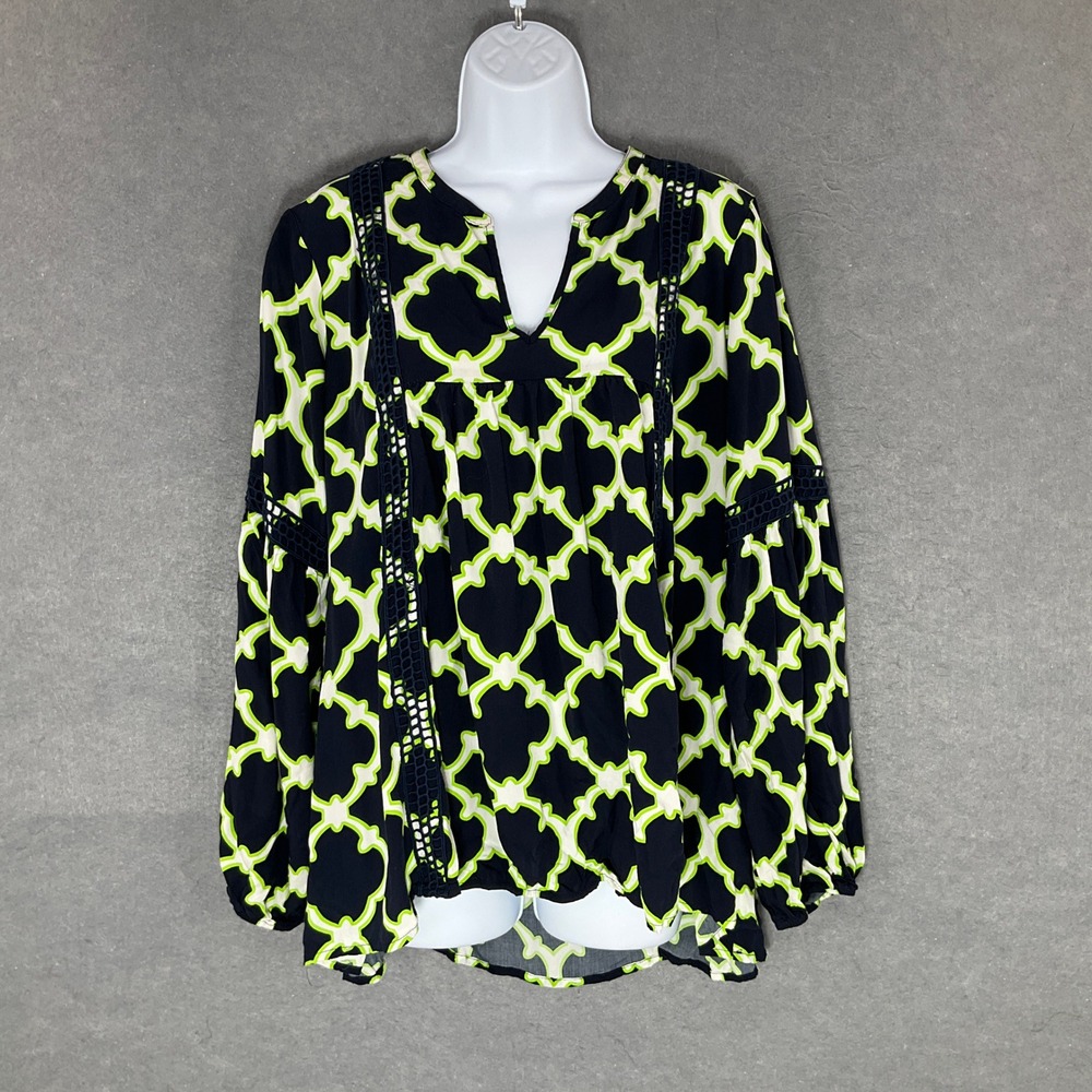 Crown & Ivy Top Woman Sz 1X Navy Green Geometric Crochet Trim Boho Office